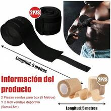 NIAWEA 2 Piezas Vendas para Box (5 Metros) Y 2 Roll Vendaje Deportivo (5cmx4.5m),Vendas Elásticas de Boxeo,Protección de Muñecas y Nudillos para Estiramiento,Deportes,Fitness,Artes Marciales Mixtas - Negro - Ver 2