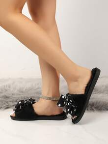 2025 New Arrival Women's Faux Fur Bling-Bling Bow & Rhinestone Decor Open Toe Comfortable Indoor Slippers, Sexy & Fashionable, Suitable For Spring, Summer, Autumn, Winter - Black - View 4