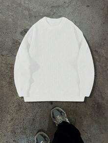 轻盈休闲针织毛衣，简约设计，宽松圆领套头衫，男女皆宜，适合秋冬季穿着。 - 白色 - 查看 5