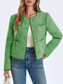 Chaqueta blazer de tweed corta para mujer, sin cuello, con botones, informal, de negocios, de corte entallado. - Verde - Ver 2