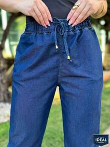 Women's Jeans, Lightweight Fabric, Elastic Waistband, Drawstring, High Waist, Office, Casual - 深藍色 - 查看 3
