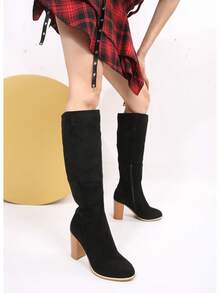 秋冬女式时尚搭扣侧拉链平底靴，搭配毛衣百搭，过膝长靴 - 黑色 - 查看 12