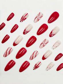 24片杏仁丝带红白爱心小兔子圣诞假指甲按压式美甲 - 紅色 - 查看 2