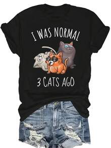 Camiseta "Yo era normal hace 3 gatos" para mujer y unisex, de verano, casual, transpirable, con personalidad, cuello redondo, manga corta, ropa de calle, versátil, adecuada para adolescentes y adultos - Negro - Ver 1