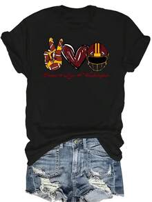 Camiseta de mujer unisex de manga corta con cuello redondo, de verano, casual, transpirable y con estampado de "Paz, Amor y Fútbol", adecuada para adolescentes y adultos - Negro - Ver 1