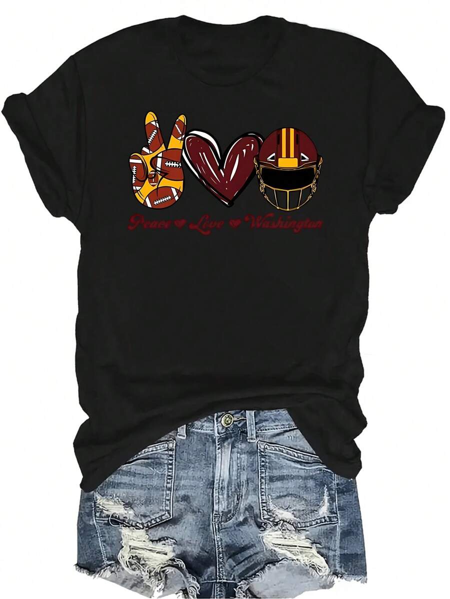 Camiseta de mujer unisex de manga corta con cuello redondo, de verano, casual, transpirable y con estampado de "Paz, Amor y Fútbol", adecuada para adolescentes y adultos - Negro - Ver 1