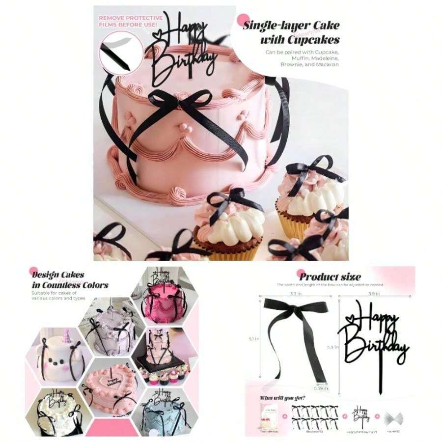 10 PCS Black Bow Cake Toppers With Happy Birthday Sign - Vintage Ribbon Cupcake Toppers Birthday Party Decorations Coquette Theme Anniversary Wedding Decor Cake Decorating Supplies Black