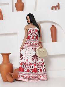 Look Of Millions!!! Long Strapless Dress With Floral Print - Printed Red - View 1