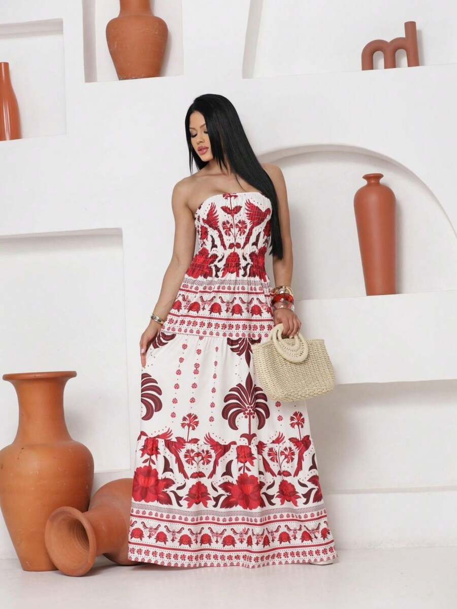 Look Of Millions!!! Long Strapless Dress With Floral Print - Printed Red - View 1