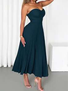 Women's Solid Color Elegant Party Gathered Ruffle Hem Dress, Summer - Navy Blue - View 1