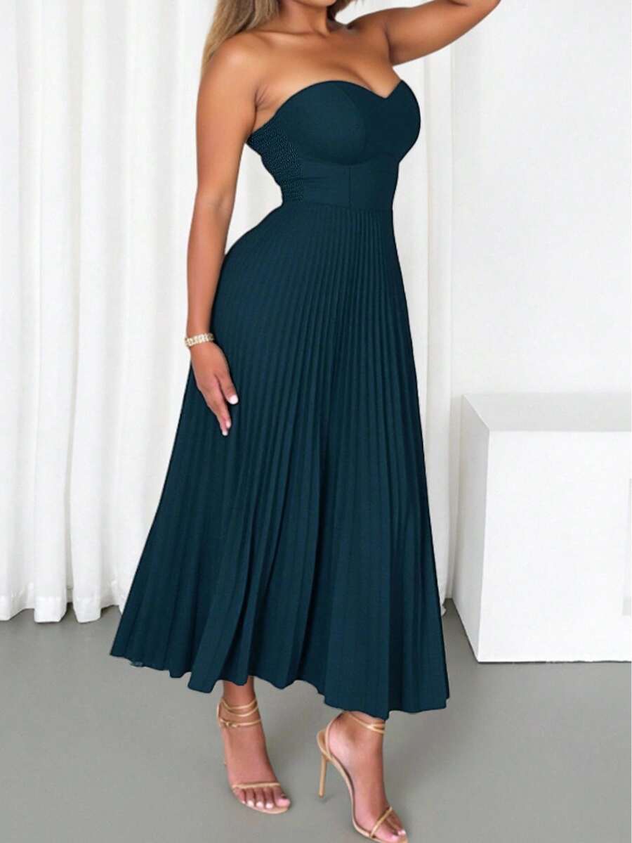 Women's Solid Color Elegant Party Gathered Ruffle Hem Dress, Summer - Navy Blue - View 1