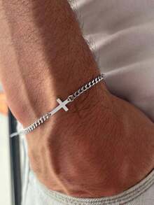 1pc Minimalist Cross Pendant Stainless Steel Chain Bracelet, For Men Daily Wear & Gift