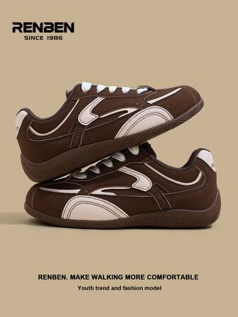 RENBEN 1 par de zapatos casuales de mujer de color marrón retro con cordones, efecto bicolor, nuevos tenis versátiles de suela gruesa para primavera/otoño 2025