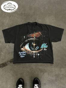 Tween Boy Cotten Clothes,Y2K-Inspired Letter Print T-Shirt - Casual Crew Neck, Short Sleeve, Machine Washable - Perfect For Spring/Summer/Fall,Fashion, Streetwear, Unisex, Men, Women - 黑色 - 查看 1
