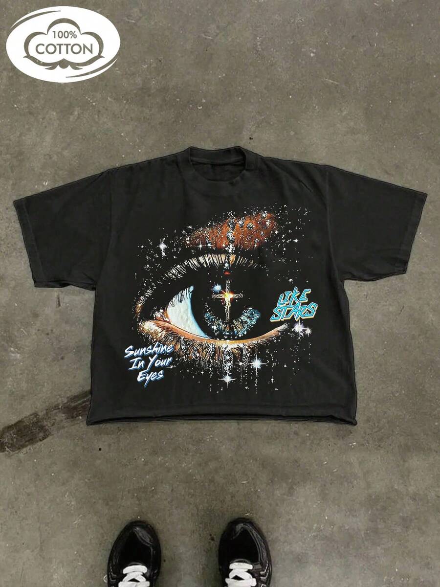 Tween Boy Cotten Clothes,Y2K-Inspired Letter Print T-Shirt - Casual Crew Neck, Short Sleeve, Machine Washable - Perfect For Spring/Summer/Fall,Fashion, Streetwear, Unisex, Men, Women - 黑色 - 查看 1