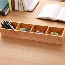 4 - Compartment Storage Box With Removable Dividers, Bamboo Material, Great For Desk Stationery Organization In Office - 原木色 - 查看 11