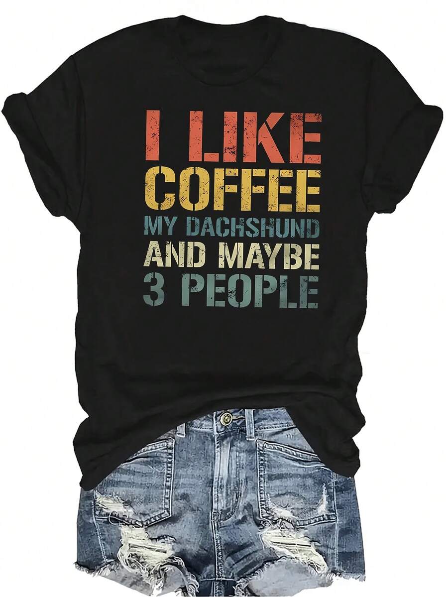 Me gusta el café, Camiseta de Dachshund para mujer Unisex, de verano, casual, transpirable, de personalidad, de cuello redondo, de manga corta, ropa de calle, versátil, adecuada para adolescentes y adultos - Negro - Ver 1