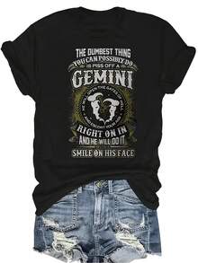 Camiseta "Enfada a un Géminis" para mujer y unisex, de verano, casual, transpirable, con personalidad, cuello redondo, manga corta, ropa de calle, versátil, adecuada para adolescentes y adultos - Negro - Ver 1