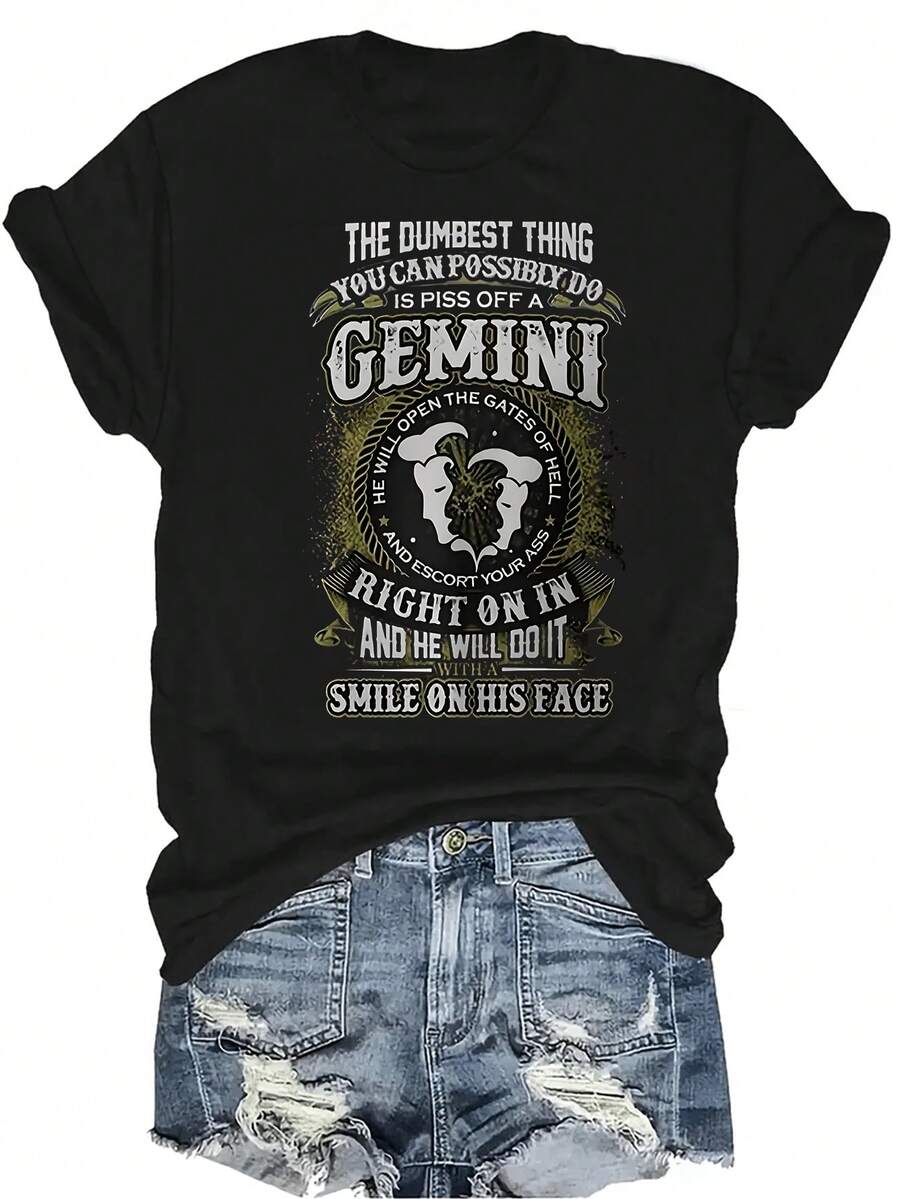 Camiseta "Enfada a un Géminis" para mujer y unisex, de verano, casual, transpirable, con personalidad, cuello redondo, manga corta, ropa de calle, versátil, adecuada para adolescentes y adultos - Negro - Ver 1
