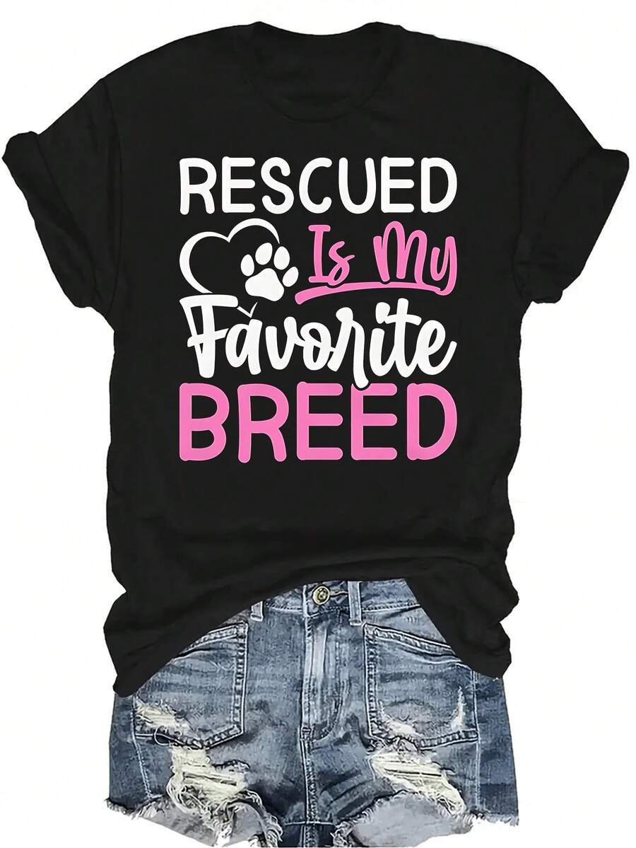 Rescatado es mi raza favorita Camiseta para mujer Unisex Verano Casual Transpirable Personalidad Cuello redondo Manga corta Camiseta Ropa de calle Versátil, Adecuado para adolescentes y adultos - Negro - Ver 1