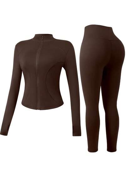 NcmRyu 1 zestaw damski, modny, elastyczny, zapinany na zamek kołnierz, talia, podnoszenie pośladków, długi rękaw, zestaw do ćwiczeń