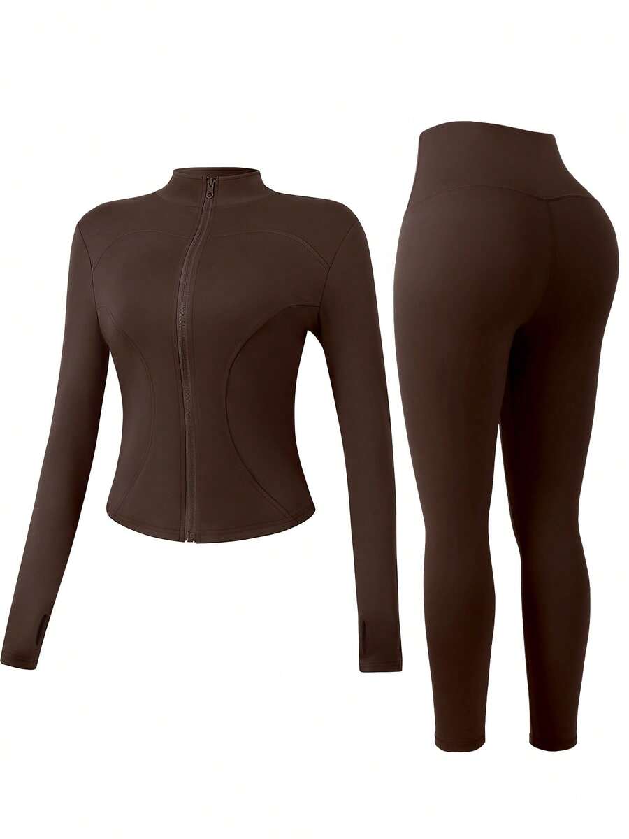 NcmRyu 1 Set Women's Fashion Elastic Zipper Collar Design Waist Cinching Butt Lifting Long Sleeve Workout Set