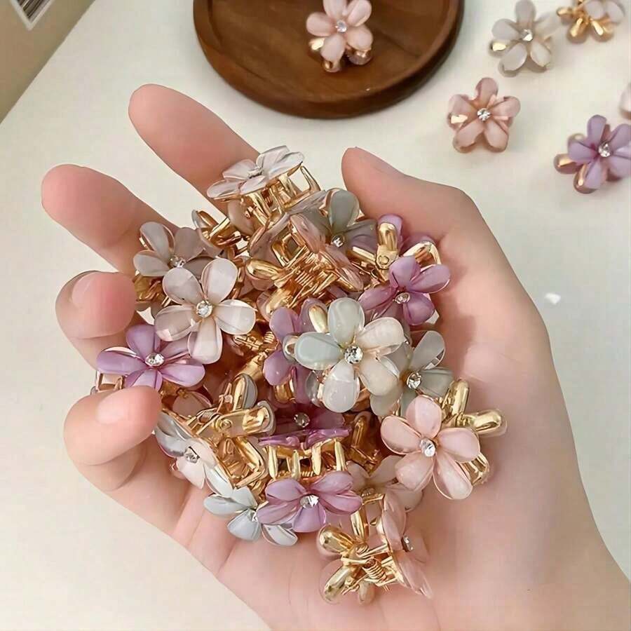 12pcs/Set Assorted Metal Crystal Flower Hair Clips Valentine's Day Valentines Hair Claws Claw Clips Hair Jaw Clip Hair Clamps Hair Clutch Hair Catcher Clip, School Stuff, College Fall Winter Hair Accessories For Women For Vacation Outfits Woman - 彩色 - 查看 1