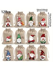 12pcs Christmas Burlap Gift Bags, Santa Linen Drawstring Bag Set, For Holiday Party Gifts And Jewelry Storage. Suitable For Christmas And New Year Party Supplies,Gifts For Women,Christmas Gifts,Gift Ideas For Women