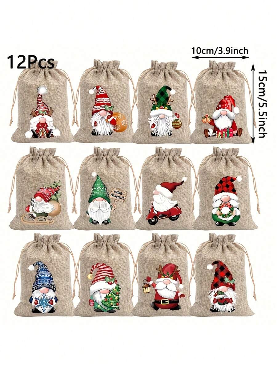 12pcs Christmas Burlap Gift Bags, Santa Linen Drawstring Bag Set, For Holiday Party Gifts And Jewelry Storage. Suitable For Christmas And New Year Party Supplies,Gifts For Women,Christmas Gifts,Gift Ideas For Women