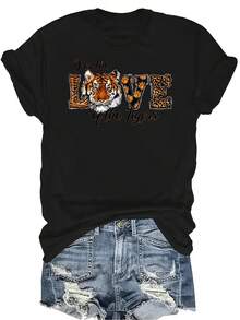 Camiseta de Tigre de Amor para el Día de San Valentín para Mujer y Unisex, Casual de Verano, Transpirable, de Personalidad, Cuello Redondo, Manga Corta, Ropa de Calle Versátil, Adecuada para Adolescentes y Adultos - Negro - Ver 1