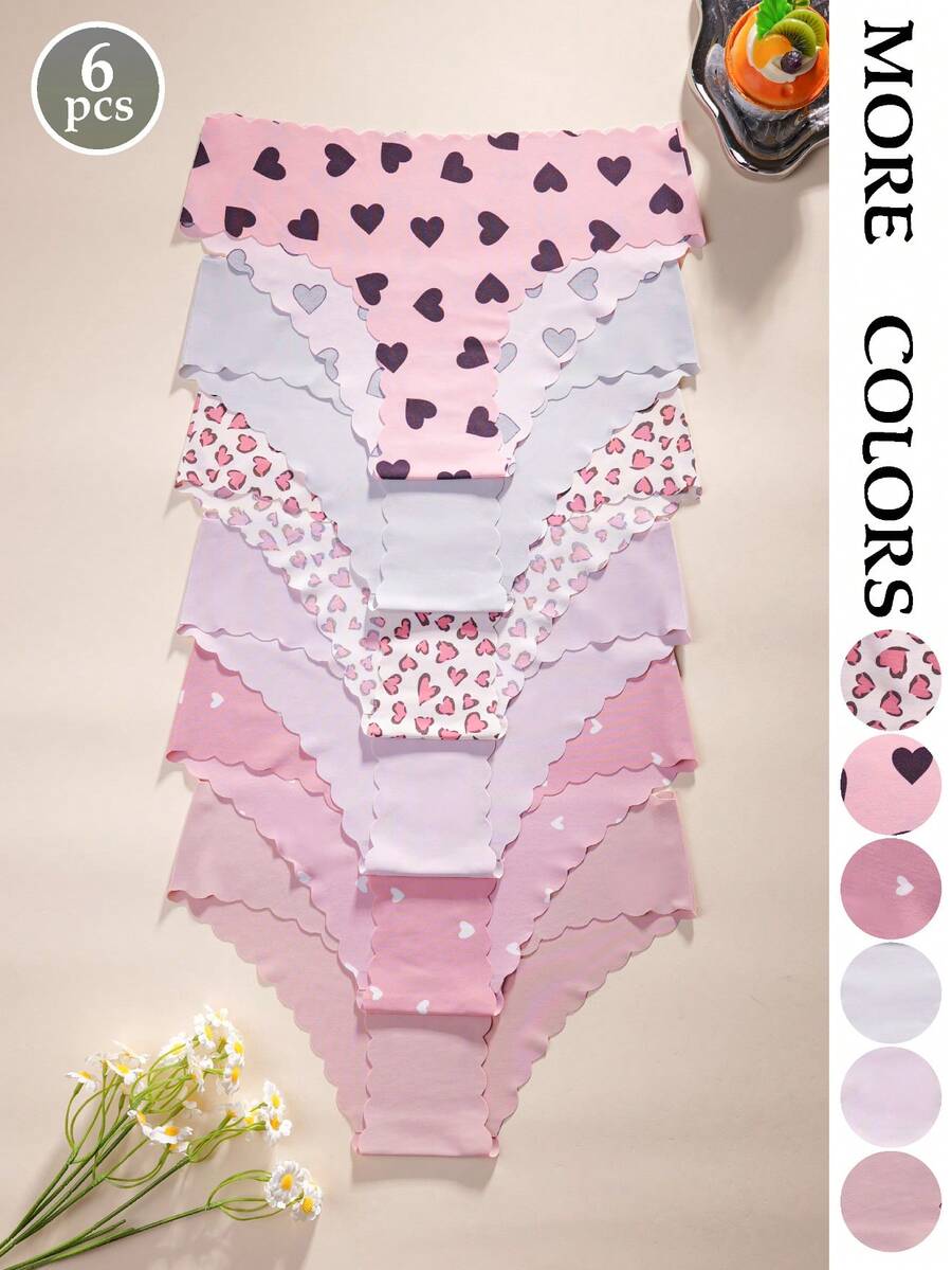 6pcs - Solid Color, Leopard Print, Heart Print Series Women's Seamless Panties, Comfortable Wavy Lace Design Sports Briefs - Multicolor - View 1
