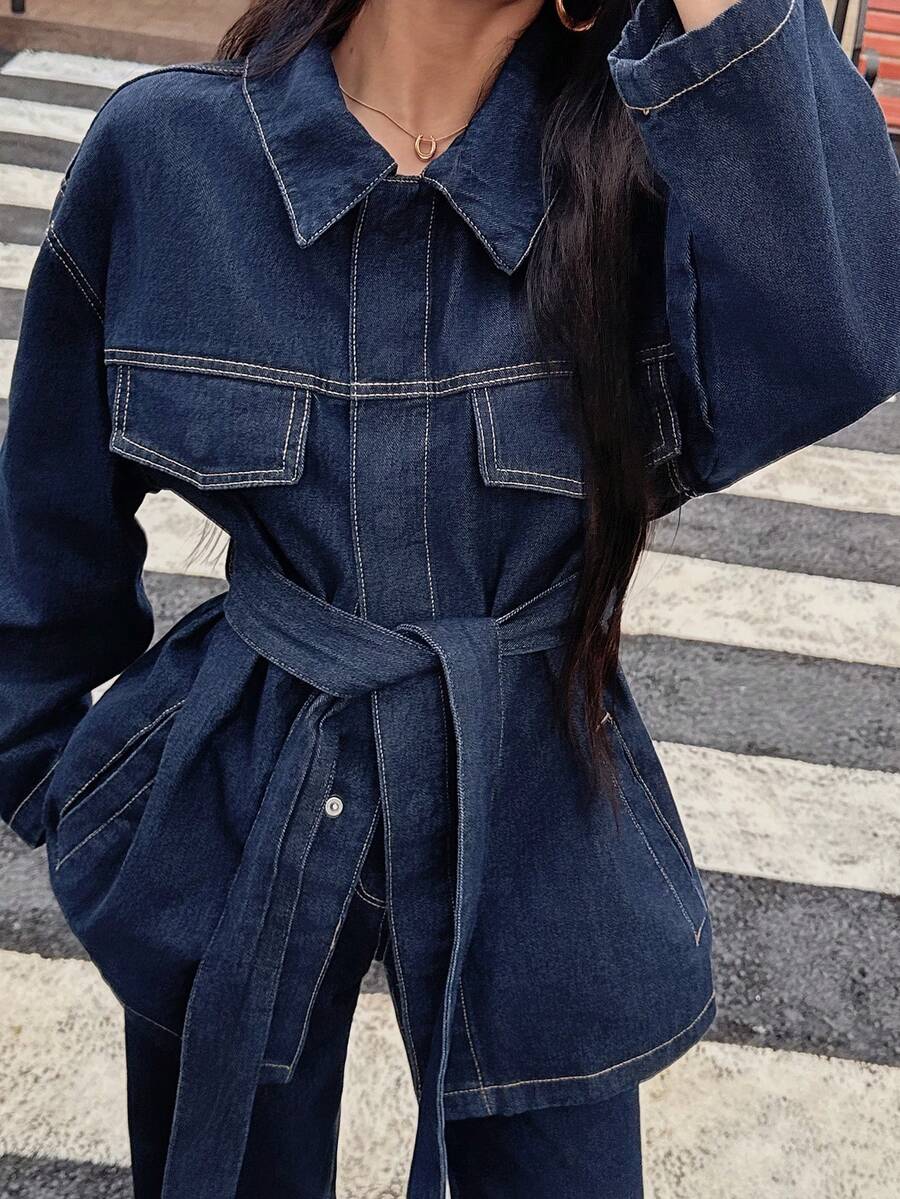 DEEKA 春秋新款女装时尚休闲复古收腰翻领牛仔夹克 - 藍色 - 查看 1