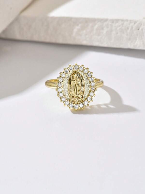 1 Elegante anillo de cobre con zirconia Guadalupe, exquisito y sofisticado anillo religioso para damas, anillo de zirconia dorado para mujer