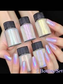 Dofuny 5 botellas de polvo de aurora, purpurina de sirena holográfica, polvo de uñas cromado de degradado, mica perlada, suministros de pintura de manicura perlada DIY - Albaricoque - Ver 1