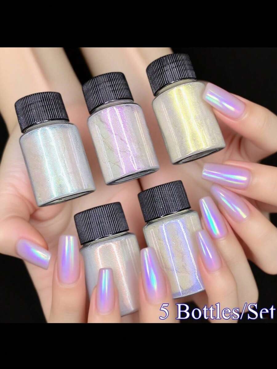 Dofuny 5 botellas de polvo de aurora, purpurina de sirena holográfica, polvo de uñas cromado de degradado, mica perlada, suministros de pintura de manicura perlada DIY - Albaricoque - Ver 1