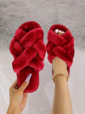 2025 New Arrival Women's Faux Fur Bling-Bling Bow Rhinestone Decor Open Toe Comfortable Indoor Slippers, Sexy Red, Suitable For Spring, Summer, Autumn, Winter,Christmas Outfits