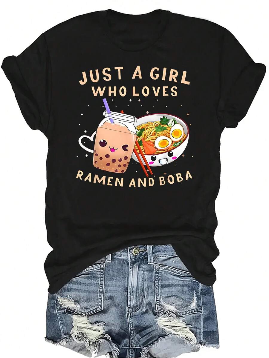 Sólo una chica que ama el ramen y el té de boba (bubble tea). Camiseta de mujer y unisex de verano, casual, transpirable, de personalidad, de cuello redondo, de manga corta, ropa de calle, versátil, adecuada para adolescentes y adultos - Negro - Ver 1