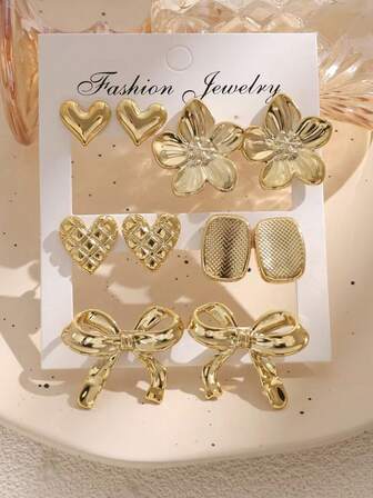 1/5 对时尚金色花朵、心形、蝴蝶结、钻石形耳环套装，适合女性日常佩戴