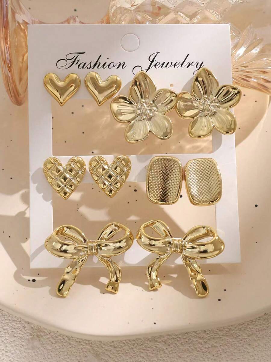 1/5 Paar modische goldene Blumen-, Herz-, Schleifen- und Diamant-förmige Ohrringe Set, geeignet für den täglichen Gebrauch von Frauen - Gold - Übersicht 1