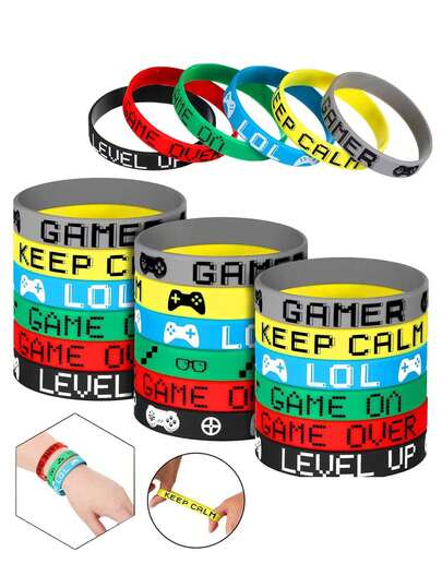 12pcs - Video Game Themed Rubber Wristbands, Party Favors, Gamer Silicone Bracelets, Theme Party Decorations, Baby Shower Supplies, Boys Girls Birthday Party Decorations, Gift Bag Fillers, Kids Favorite (6 Styles)