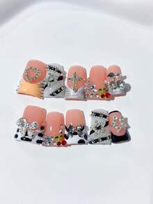 10pcs Y2K Halloween Platypus Handmade Nail Art Stickers, Full Crystal Decor, Evil Eye Design, Exaggerated Jewelry Style, Ombre Gradient, DIY Nail Stickers, Acrylic False Nails; Suitable For Holidays, Parties, Daily Wear; Includes 1 Bottle Of Jelly Gel And 1 Mini Nail File. Nail Supplies - Black and White - View 1