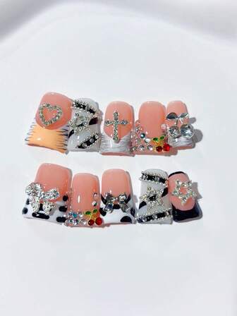 10pcs Y2K Halloween Duckbill Handmade Press On Nails, Full Diamond Decoration, Evil Eye, Exaggerated Jewelry, Gradient Blending, Homemade Nails DIY Press On Nails Nail Art Acrylic False Nails; Suitable For Holiday, Parties, Daily Wear; Includes 1Sheet Jelly Glue & 1pc Mini File