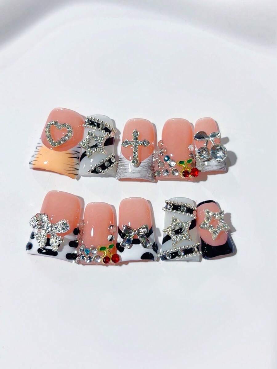 10pcs Y2K Halloween Platypus Handmade Nail Art Stickers, Full Crystal Decor, Evil Eye Design, Exaggerated Jewelry Style, Ombre Gradient, DIY Nail Stickers, Acrylic False Nails; Suitable For Holidays, Parties, Daily Wear; Includes 1 Bottle Of Jelly Gel And 1 Mini Nail File. Nail Supplies - Black and White - View 1