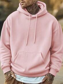 Men's Casual Street Hooded Sweatshirt, Solid Color With Thermal Lining, Loose Fit, Autumn/Winter