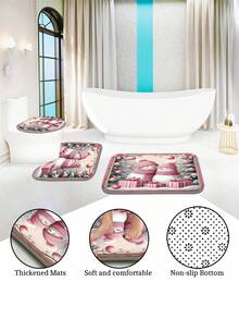 1pc/4pcs Christmas Theme, Pink Snowman Bathroom Set, Christmas Holiday Bathroom Decor, Bring Festive Atmosphere To Your Bathroom, Printed Shower Curtain With 12 Hooks, Bathroom Non-Slip Mat, U-Shaped Floor Mat And Round Toilet Lid Cover, Bathroom Set For All Scenarios