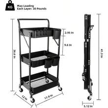 3 Tier Foldable Rolling Cart With Wheels Folding Utility Cart Organizer Collapsible Rolling Storage Cart With 3 Hanging Cups 6 Hooks For Kitchen Office Nursery Black - 黑色 - 查看 7