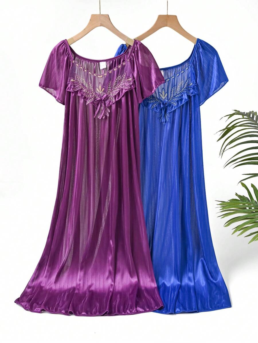 2-Pack Women's Floral Embroidered Off-Shoulder Satin Nightdress Set: Smooth Striped Fabric, Bow Accent, Short Sleeves, Vibrant Colors-Elegant Design Meets Cozy Comfort For Restful Sleep & Relaxing Lounging - Tím đậm + Xanh hoàng gia - Xem 1
