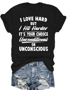 Amo con fuerza, pero golpeo talla grande fuerte Camiseta para mujer Unisex Verano Casual Transpirable Personalidad Cuello redondo Manga corta Camiseta Ropa de calle Versátil, Adecuado para adolescentes y adultos - Negro - Ver 1