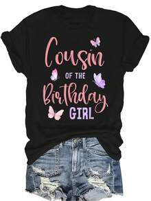 Camiseta de fiesta de mariposa para la prima de la cumpleañera, de mujer y unisex, de verano, casual, transpirable, de personalidad, de cuello redondo, de manga corta, ropa de calle, versátil, adecuada para adolescentes y adultos - Negro - Ver 1