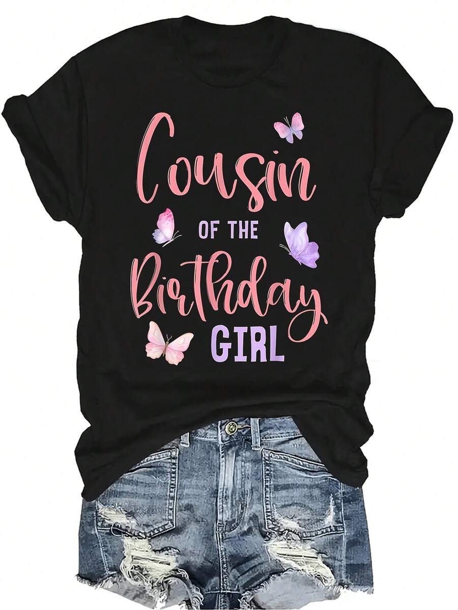 Camiseta de fiesta de mariposa para la prima de la cumpleañera, de mujer y unisex, de verano, casual, transpirable, de personalidad, de cuello redondo, de manga corta, ropa de calle, versátil, adecuada para adolescentes y adultos - Negro - Ver 1